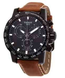 Frente del Tissot Supersport Chrono negro de 45,5 mm con cronógrafo, fechador y correa de cuero marrón