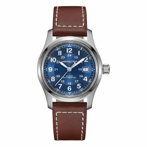 Descubre el Hamilton Khaki Field Automatic 42 mm (ref. H70605540): reloj automático suizo con esfera azul sunray y efecto snailing, movimiento H‑10 (80 h reserva de marcha), resistencia 100 m, cristal de zafiro, resorte Nivachron, Super‑LumiNova y fondo abierto. Estilo militar moderno con precisión fiable.