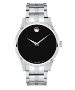 Reloj Movado Museum 0607533 con esfera negra minimalista y correa de cuero, estilo elegante y atemporal, con el respaldo de UNITIME Argentina
