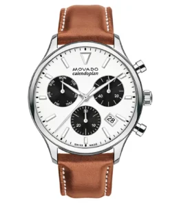 Reloj MOVADO Heritage Calendoplan Chronograph 3650147 con esfera blanca y subesferas negras en muñeca masculina en el Showroom de Unitime Argentina