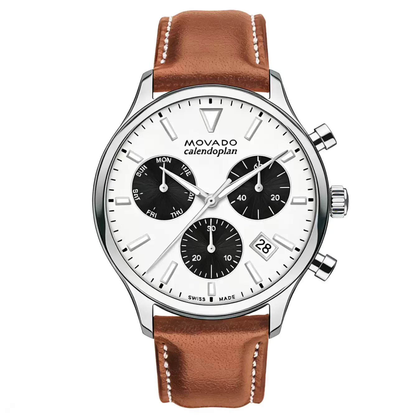 Reloj MOVADO Heritage Calendoplan Chronograph 3650147 con esfera blanca y subesferas negras en muñeca masculina en el Showroom de Unitime Argentina