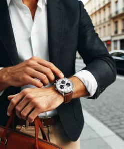 Reloj MOVADO Heritage Calendoplan Chronograph 3650147 con esfera blanca y subesferas negras en muñeca masculina en el Showroom de Unitime Argentina