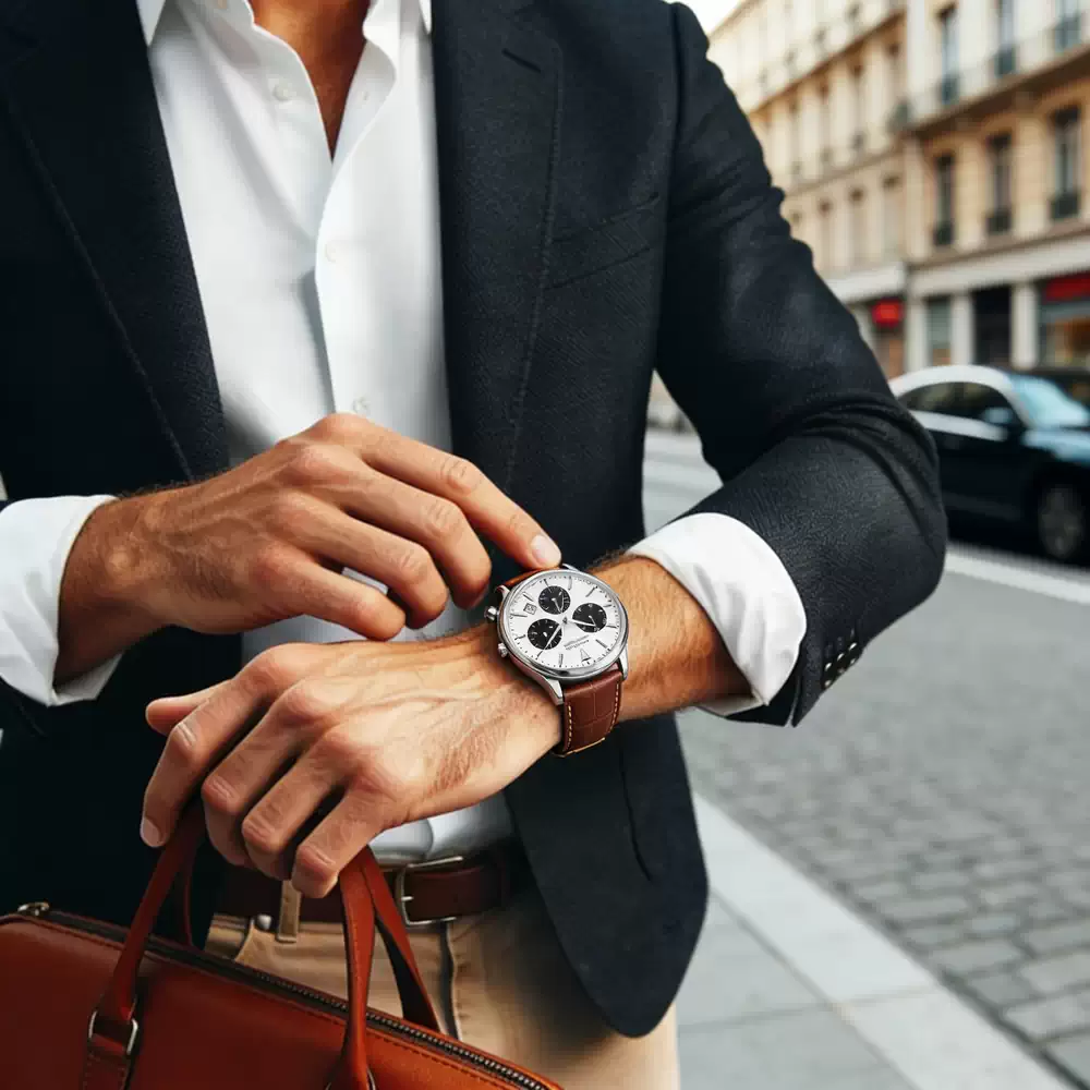 Reloj MOVADO Heritage Calendoplan Chronograph 3650147 con esfera blanca y subesferas negras en muñeca masculina en el Showroom de Unitime Argentina