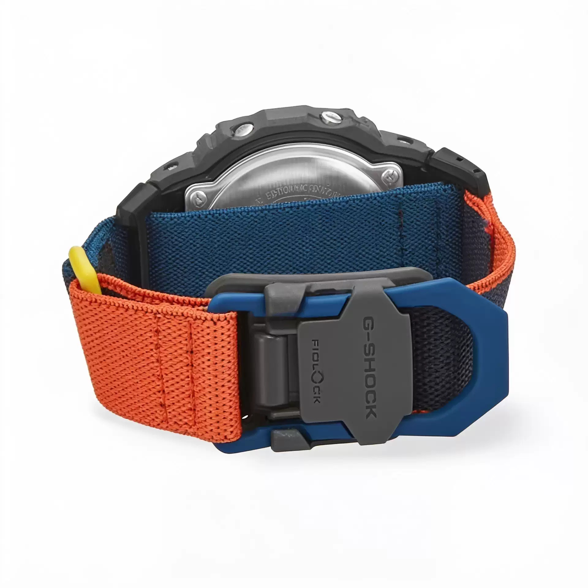 Reloj G-SHOCK DW-5600MNC-8A2 con caja gris, correa textil azul y naranja y cierre magnético