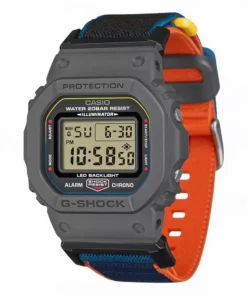 Reloj G-SHOCK DW-5600MNC-8A2 con caja gris, correa textil azul y naranja y cierre magnético