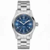 Hamilton Khaki Field Auto 38 mm H70455140 con esfera azul y malla de acero inoxidable sobre fondo blanco | Unitime Argentina