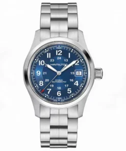 Hamilton Khaki Field Auto 38 mm H70455140 con esfera azul y malla de acero inoxidable sobre fondo blanco | Unitime Argentina
