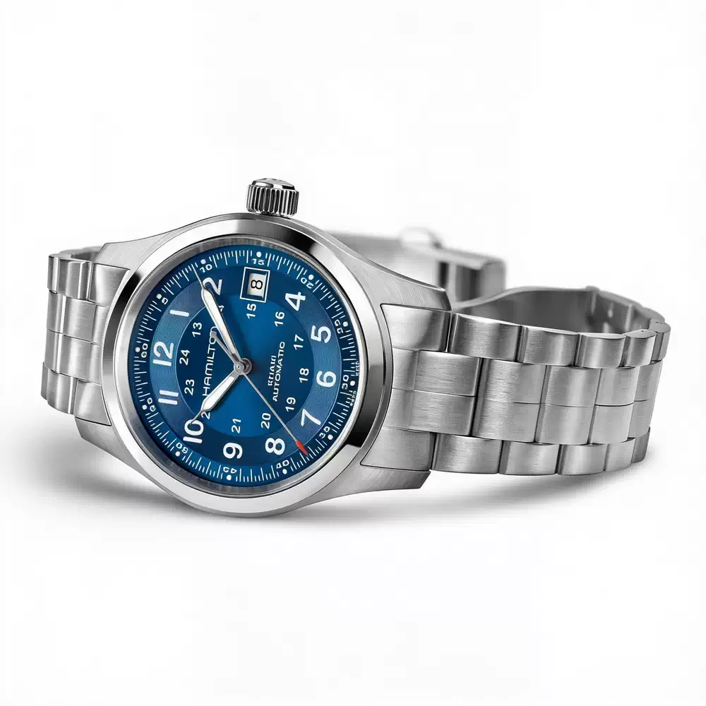 Hamilton Khaki Field Auto 38 mm H70455140 con esfera azul y malla de acero inoxidable sobre fondo blanco | Unitime Argentina