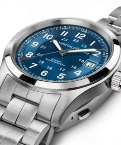 Hamilton Khaki Field Auto 38 mm H70455140 con esfera azul y malla de acero inoxidable sobre fondo blanco | Unitime Argentina
