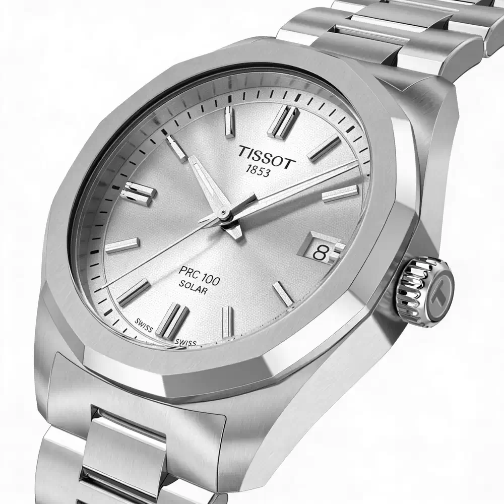 Reloj TISSOT PRC 100 Solar T151.422.11.031.00 con caja angular de acero, WR100M y tecnología solar. Disponible en Unitime Argentina