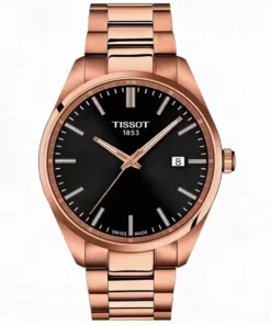 Reloj Tissot PR 100 40mm con esfera negra, índices aplicados y malla integrada en acero con tratamiento PVD oro rosa. Ref. T150.410.33.051.00.