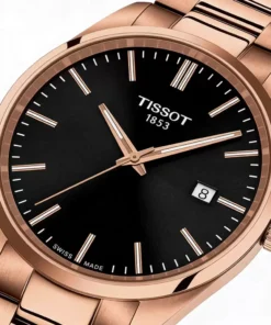 Reloj Tissot PR 100 40mm con esfera negra, índices aplicados y malla integrada en acero con tratamiento PVD oro rosa. Ref. T150.410.33.051.00.
