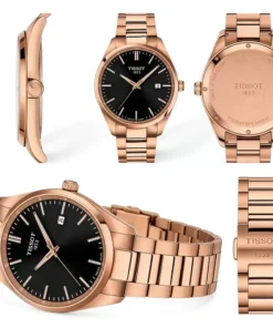 Reloj Tissot PR 100 40mm con esfera negra, índices aplicados y malla integrada en acero con tratamiento PVD oro rosa. Ref. T150.410.33.051.00.