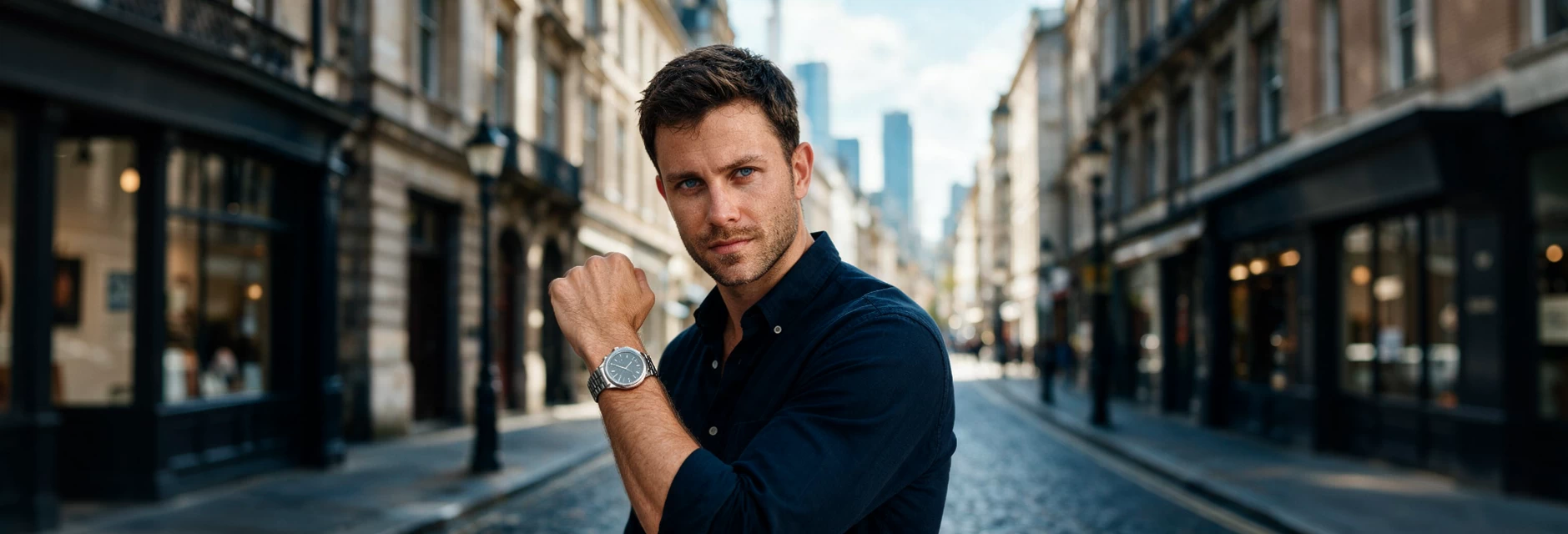 Hombre con reloj de acero inoxidable en calle urbana, distribuidor autorizado de relojes de hombre en Buenos Aires