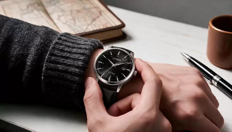 Citizen Eco-Drive BM7460-11E con esfera negra, índices plateados y correa de cuero negro