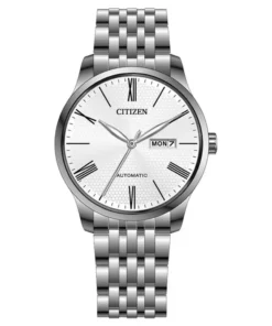 Reloj Citizen automático para hombre NH8350-59A con esfera blanca, números romanos, día y fecha y malla de acero inoxidable.