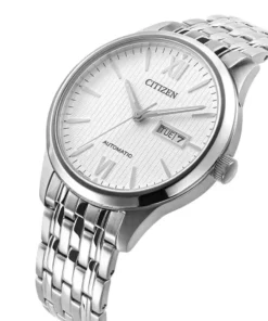Reloj Citizen automático para hombre NH8350-59A con esfera blanca, números romanos, día y fecha y malla de acero inoxidable.
