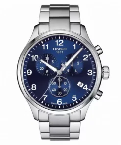 Vista frontal del Tissot Chrono XL Classic T116.617.11.047.01 con esfera azul, cronógrafo y malla de acero inoxidable.
