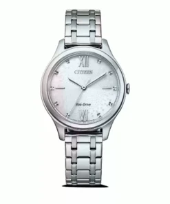 Vista frontal del CITIZEN Eco-Drive EM0500-73A con esfera texturada, índices y malla de acero
