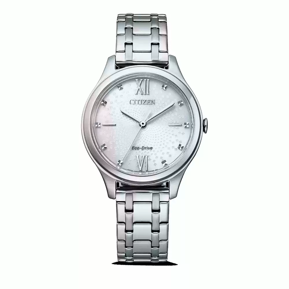 Vista frontal del CITIZEN Eco-Drive EM0500-73A con esfera texturada, índices y malla de acero