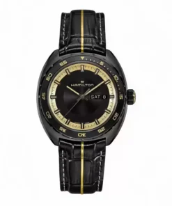 Hamilton American Classic Pan Europ Resident Evil Requiem H35455730, esfera negra con detalles dorados, sobre fondo blanco.
