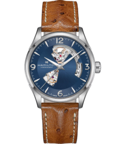 Reloj Hamilton Jazzmaster Open Heart H32705041 de 42 mm con esfera azul y correa de avestruz marrón