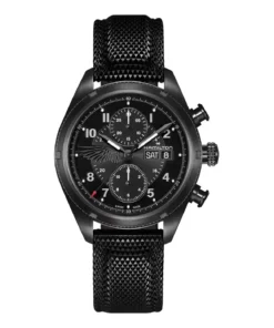 Reloj Hamilton Khaki Field Auto Chrono Resident Evil Requiem H71636330 de 42 mm, esfera negra, cronógrafo y correa negra texturada.