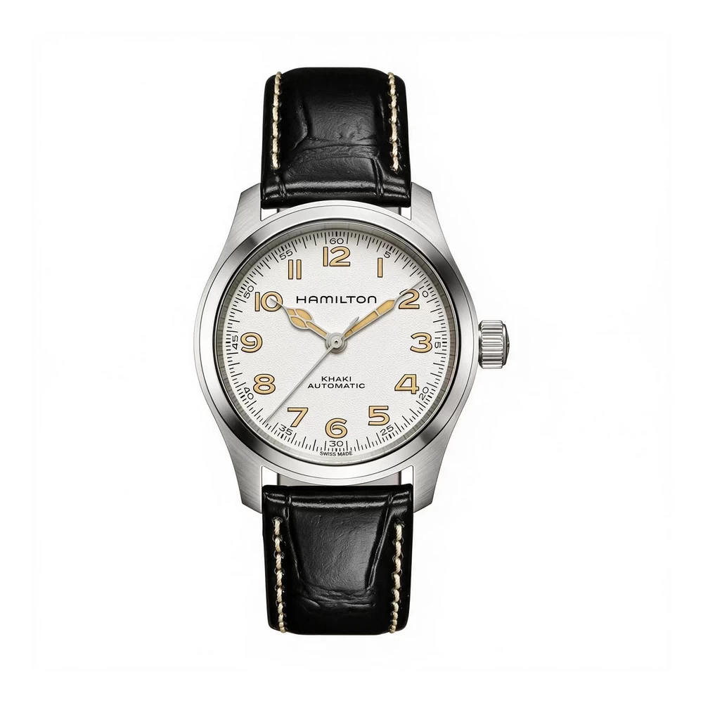 Reloj Hamilton Khaki Field Murph H70405710 de 38 mm con esfera blanca y correa de cuero negra
