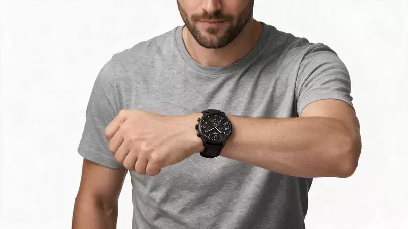 Hombre con remera gris usando el Tissot Chrono XL Vintage de 45 mm con correa de cuero negra.