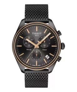 Vista frontal del Tissot PR 100 T101.417.23.061.00 con esfera negra, cronógrafo y fechador.