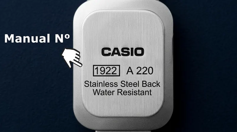 Número de manual CASIO: las 4 cifras en el recuadro de la tapa trasera del reloj, en este ejemplo 1922