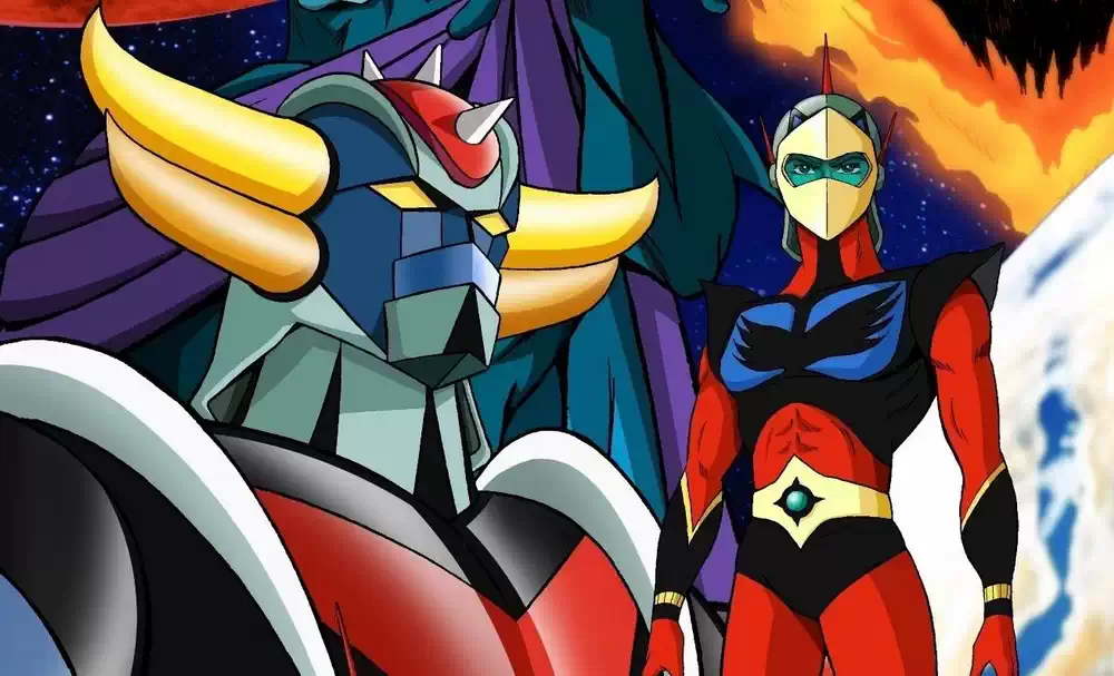 Duke Fleed con su traje rojo y negro junto a Grendizer