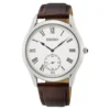 Reloj Seiko SRK049, esfera blanca con números romanos y correa de cuero marrón