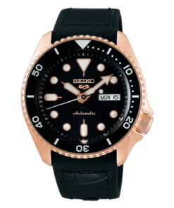 Reloj Seiko 5 Sports SRPD76 automático, caja color oro rosa y esfera negra