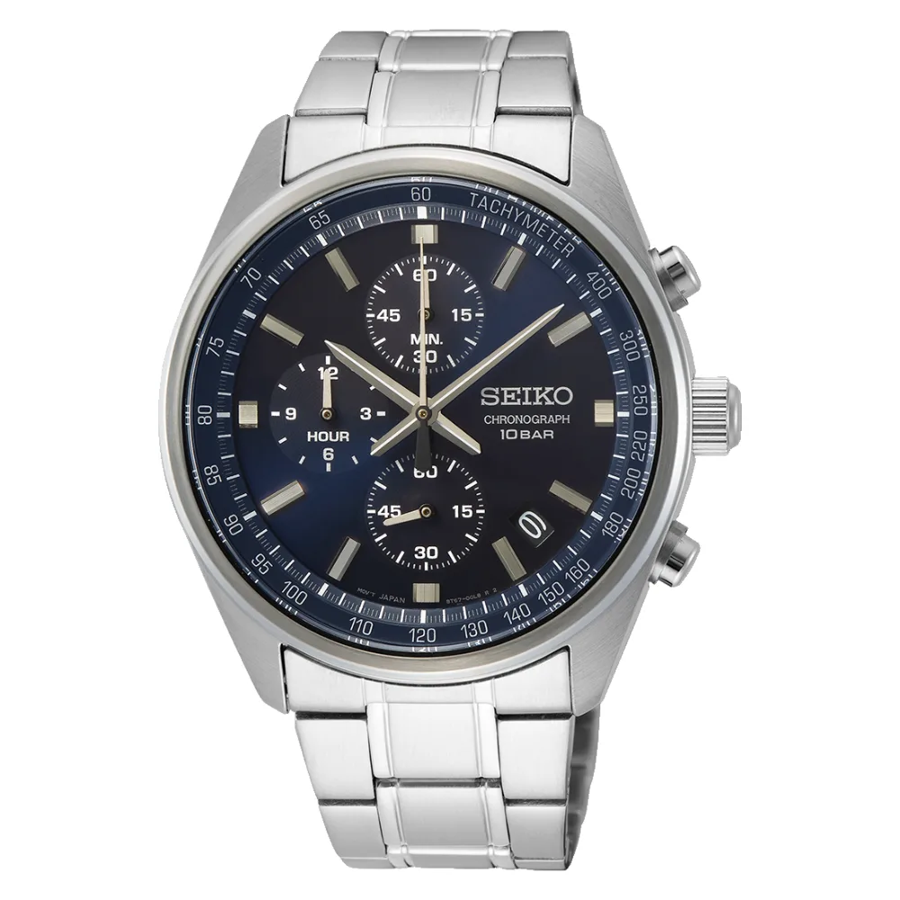 Reloj Seiko cronógrafo SSB377, esfera azul noche y malla de acero