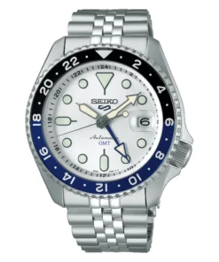 Reloj Seiko 5 Sports GMT SSK033, esfera blanca y bisel azul de 24 horas