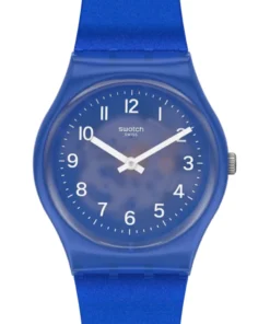 Primer plano de la esfera azul del Swatch GL124, con efecto difuminado en el centro y números blancos