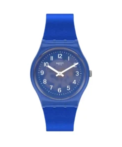 Swatch Blurry Blue GL124 de frente: caja, esfera y correa en azul intenso, con números blancos