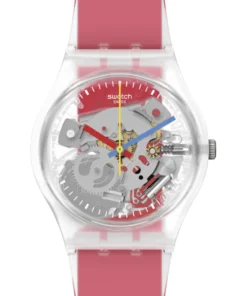Primer plano de la esfera transparente del Swatch GE292, con el movimiento a la vista y agujas roja, azul y amarilla
