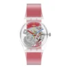 Swatch Clearly Red Striped GE292 de frente: caja transparente, franja roja en la esfera y correa roja traslúcida
