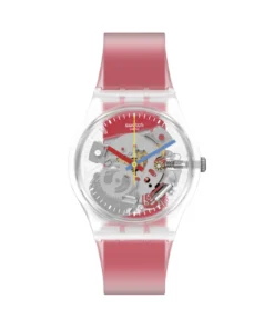 Swatch Clearly Red Striped GE292 de frente: caja transparente, franja roja en la esfera y correa roja traslúcida