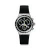 Swatch Irony Chrono Sprinkled Water YVS411C de frente: caja de acero, esfera negra con detalles verde lima y correa de silicona negra
