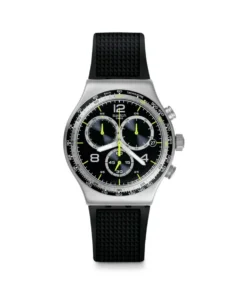 Swatch Irony Chrono Sprinkled Water YVS411C de frente: caja de acero, esfera negra con detalles verde lima y correa de silicona negra
