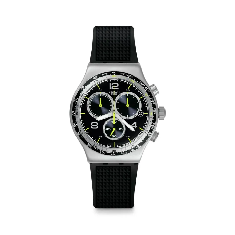 Swatch Irony Chrono Sprinkled Water YVS411C de frente: caja de acero, esfera negra con detalles verde lima y correa de silicona negra