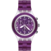 Swatch Irony Full-Blooded Blueberry SVCK4048AG de frente: cronógrafo con esfera, bisel y malla violetas