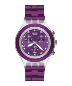 Swatch Irony Full-Blooded Blueberry SVCK4048AG de frente: cronógrafo con esfera, bisel y malla violetas
