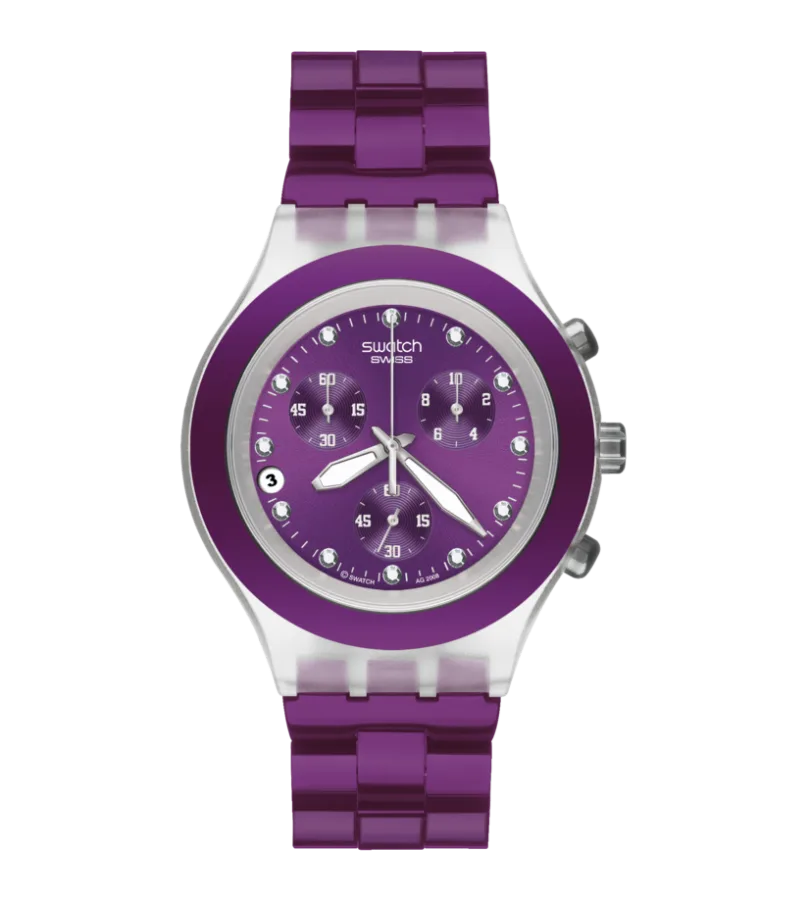 Swatch Irony Full-Blooded Blueberry SVCK4048AG de frente: cronógrafo con esfera, bisel y malla violetas