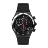 Swatch Irony Chrono Magenta at Night YVB413 de frente: caja de acero negra, esfera negra y detalles magenta