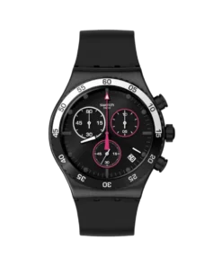 Swatch Irony Chrono Magenta at Night YVB413 de frente: caja de acero negra, esfera negra y detalles magenta