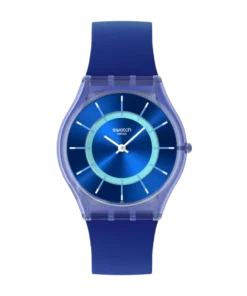 Swatch Skin Jammy Grape Dream SS08I100 de frente: caja azul lavanda traslúcida, esfera azul con aro celeste